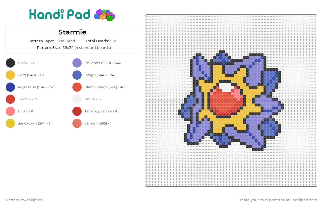 Starmie - Fuse Bead Pattern by chilipper on Kandi Pad - starmie,staryu,pokemon,creature,vibrant,tribute,purple,blue