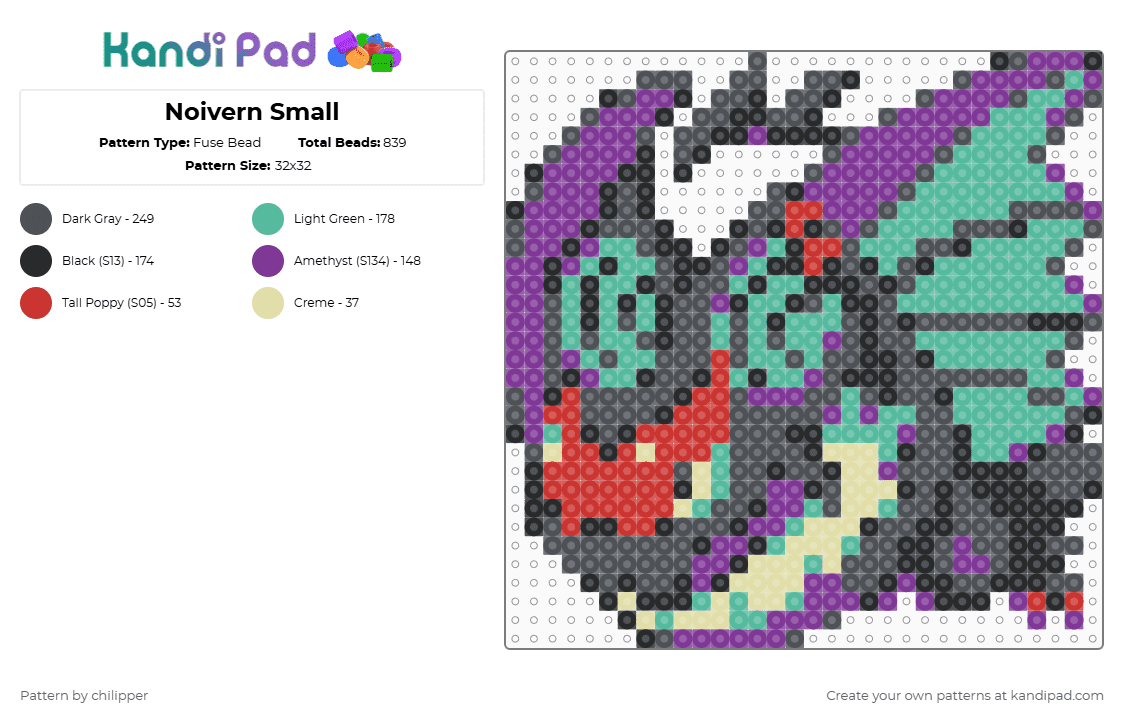 Noivern Small - Fuse Bead Pattern by chilipper on Kandi Pad - gray,pink,teal,noivern,pokemon,pkmn,small,mini,chibi