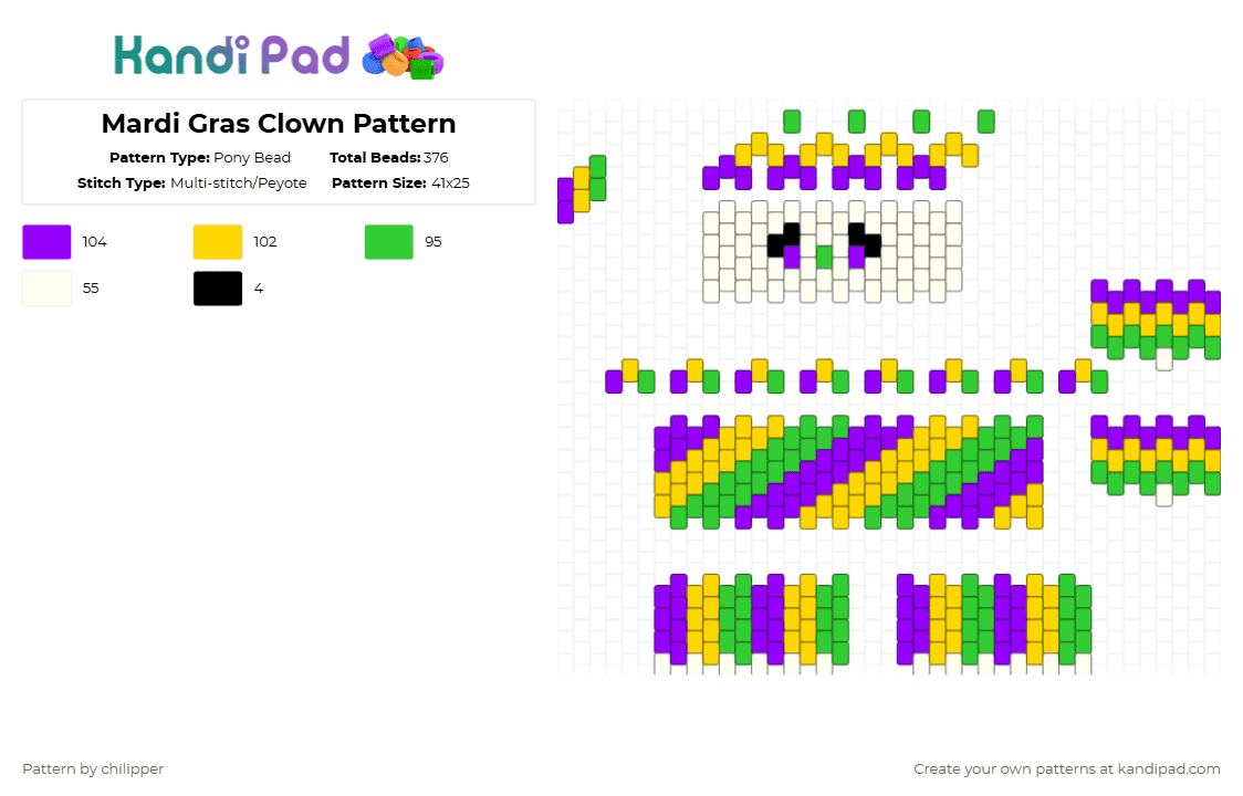 Mardi Gras Clown Pattern - Pony Bead Pattern by chilipper on Kandi Pad - yellow,purple,clown,3d,pattern,mardi gras,mardi,gras,new orleans