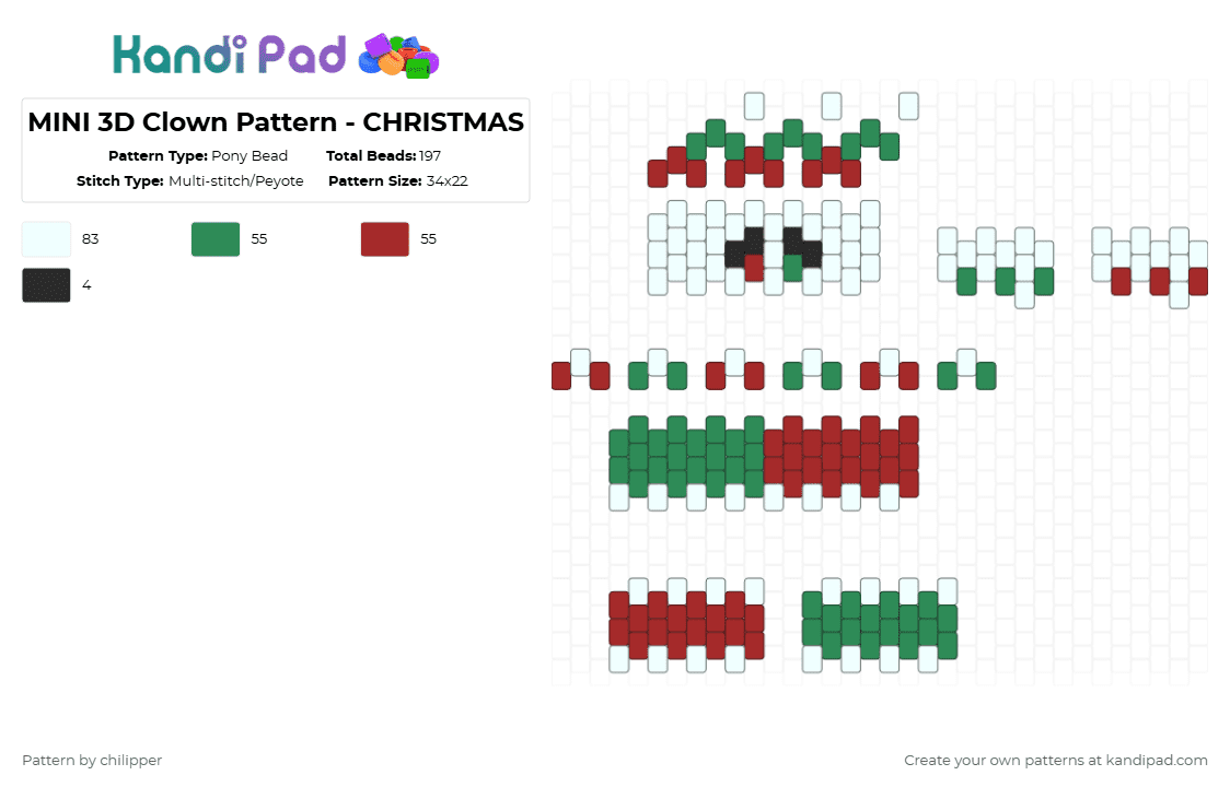 MINI 3D Clown Pattern - CHRISTMAS - Pony Bead Pattern by chilipper on Kandi Pad - green,red,3d,mini,clown,pattern,christmas,white