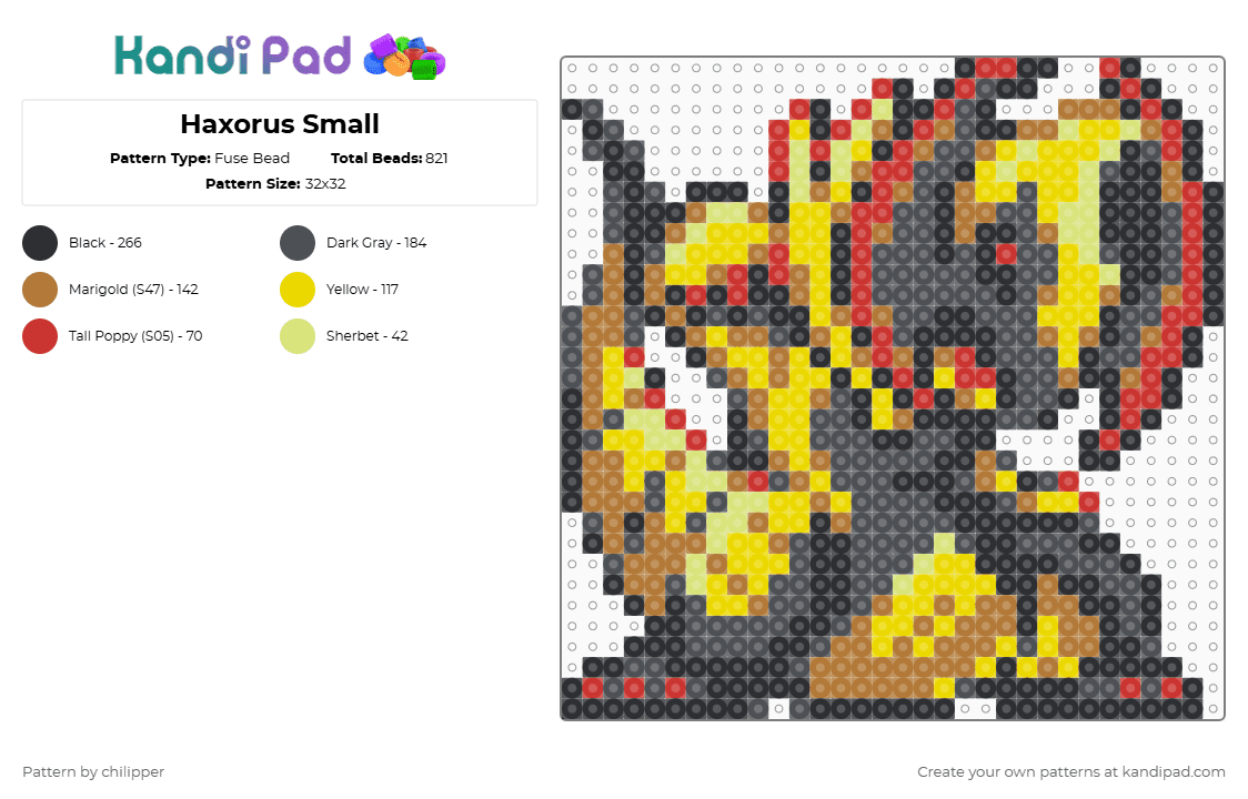 Haxorus Small - Fuse Bead Pattern by chilipper on Kandi Pad - gray,tan,yellow,haxorus,pokemon,pkmn,small,mini,chibi