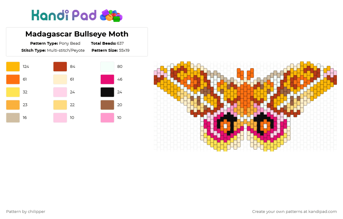 Madagascar Bullseye Moth - Pony Bead Pattern by chilipper on Kandi Pad - orange,pink,red,madagascar bullseye moth,moth,yellow,insect