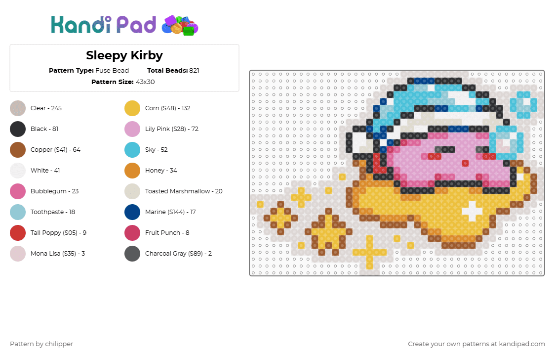 Sleepy Kirby - Fuse Bead Pattern by chilipper on Kandi Pad - beige,light blue,pink,yellow,kirby,sleep,retro,star