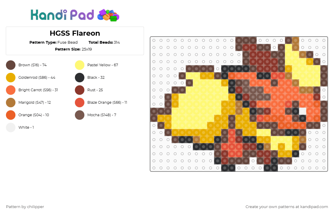 HGSS Flareon - Fuse Bead Pattern by chilipper on Kandi Pad - brown,orange,yellow,flareon,pokemon,pkmn,hgss,heartgold,soulsilver