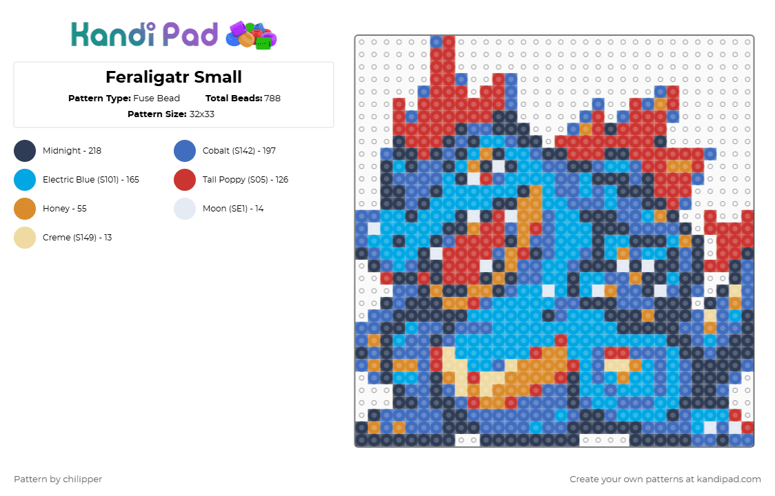 Feraligatr Small - Fuse Bead Pattern by chilipper on Kandi Pad - video game,creature,anime,gaming,pokemon,purple,red,blue,light blue,feraligatr,pkmn,small,chibi,johto