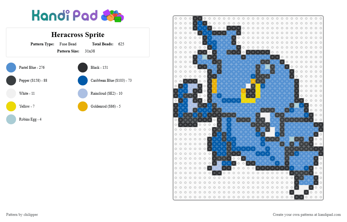Heracross Sprite - Fuse Bead Pattern by chilipper on Kandi Pad - light blue,heracross,pokemon,pkmn,sprite