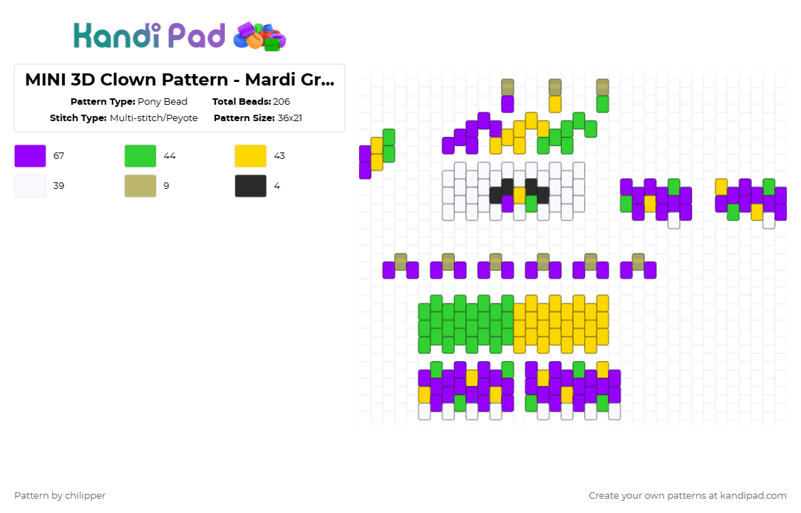 MINI 3D Clown Pattern - Mardi Gras 3 - Pony Bead Pattern by chilipper on Kandi Pad - green,yellow,purple,3d,mini,clown,mardi,gras,mardi gras,new orleans,pattern