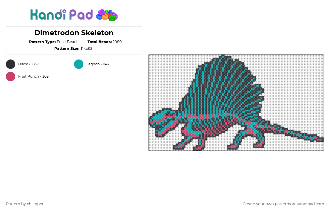 Dimetrodon Skeleton - Fuse Bead Pattern by chilipper on Kandi Pad - teal,pink,dimetrodon,dino,dinosaur,skeleton,bone,bones