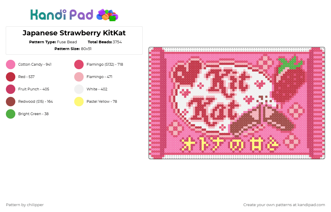 Japanese Strawberry KitKat - Fuse Bead Pattern by chilipper on Kandi Pad - pink,red,kitkat,kit kat,japan,japanese,strawberry