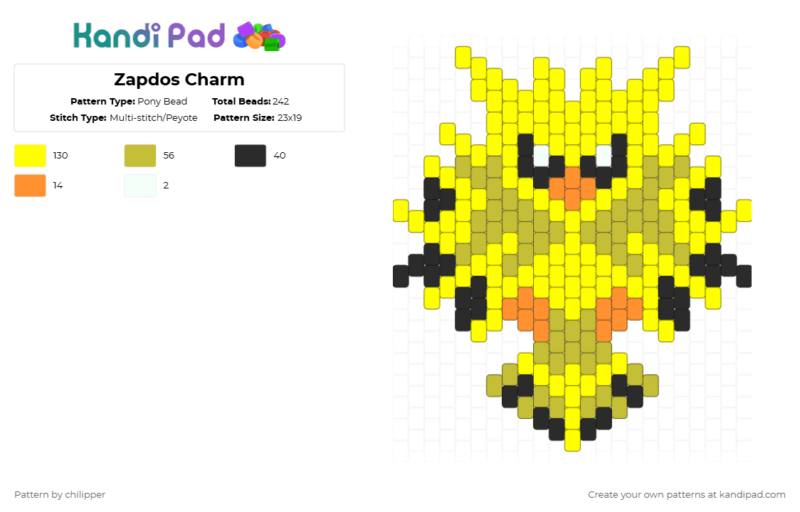 Zapdos Charm - Pony Bead Pattern by chilipper on Kandi Pad - yellow,zapdos,pokemon,pkmn,bird,legendary,charm