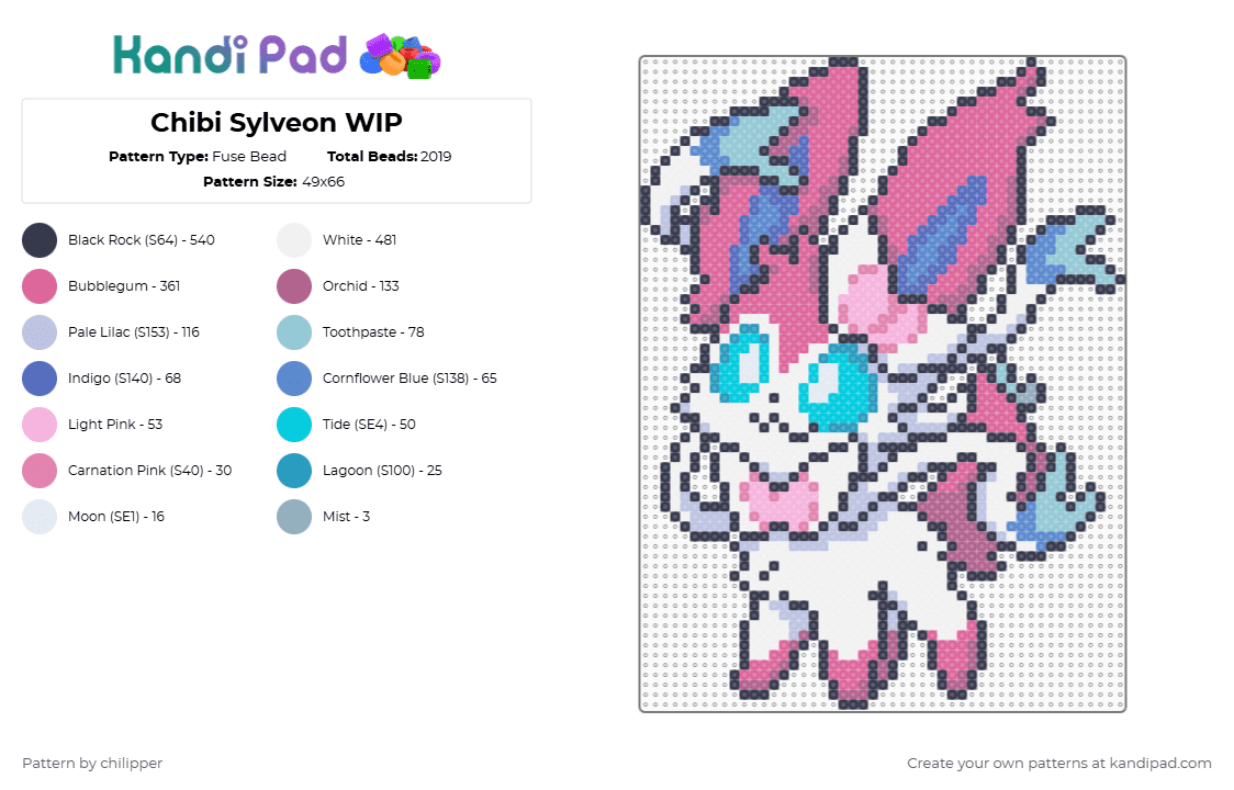 Chibi Sylveon WIP - Fuse Bead Pattern by chilipper on Kandi Pad - purple,pink,pokemon,pkmn,sylveon,chibi