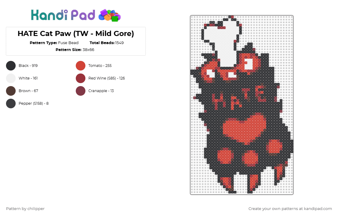 HATE Cat Paw (TW - Mild Gore) - Fuse Bead Pattern by chilipper on Kandi Pad - black,red,cat paw,paw,cat,gore,hate,black cat