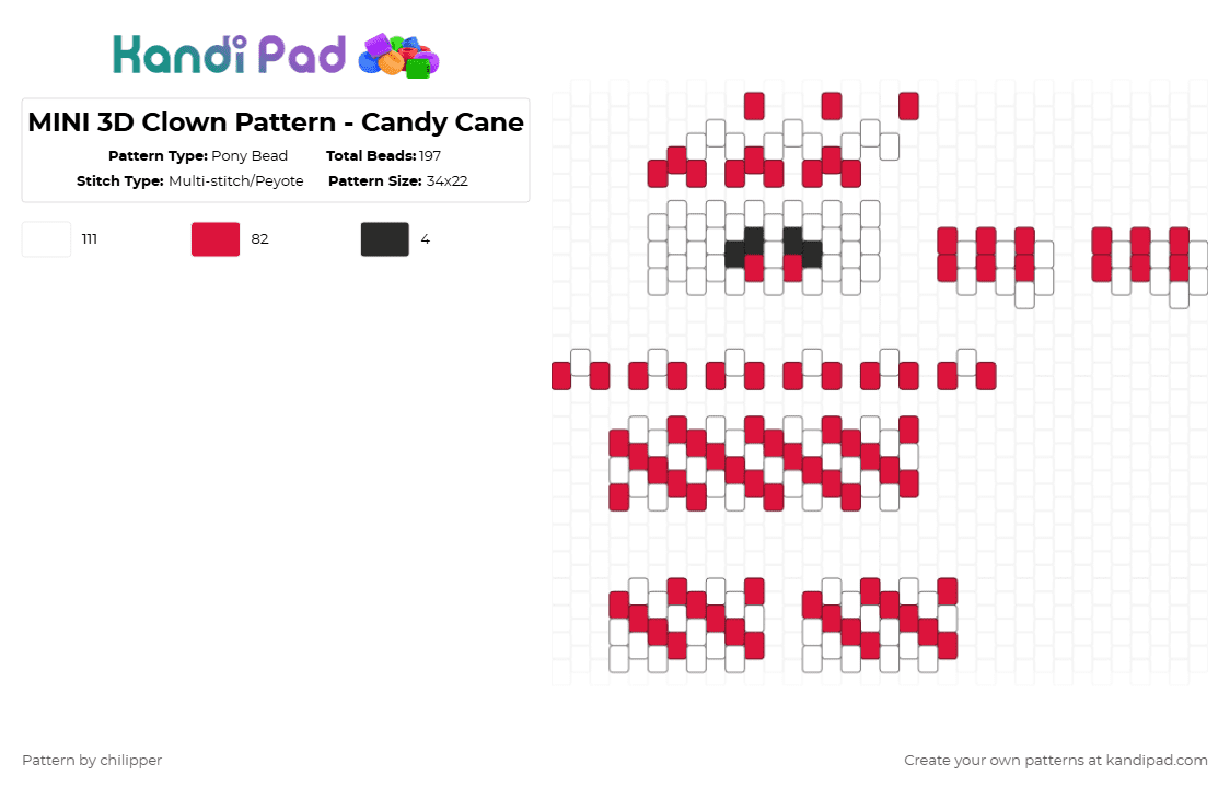 MINI 3D Clown Pattern - Candy Cane - Pony Bead Pattern by chilipper on Kandi Pad - 3d, candy, candy cane, cane, christmas, clown, mini, pattern, red, white