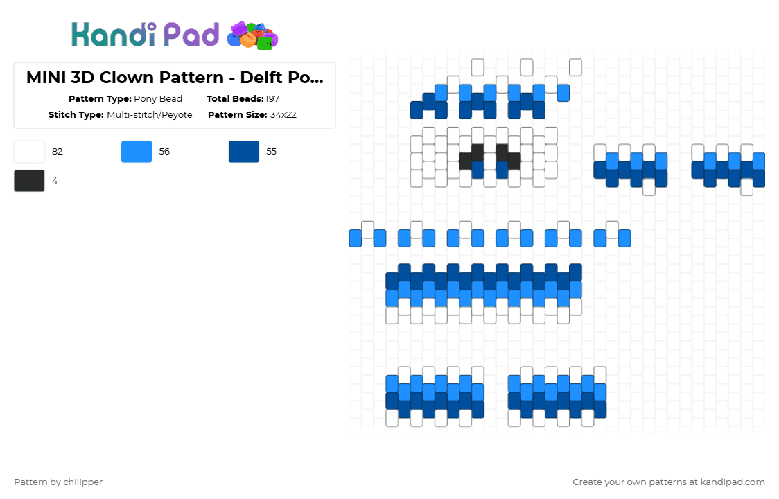 MINI 3D Clown Pattern - Delft Pottery Pattern 1 - Pony Bead Pattern by chilipper on Kandi Pad - 3d, blue, clown, delft, light blue, mini, pottery, white
