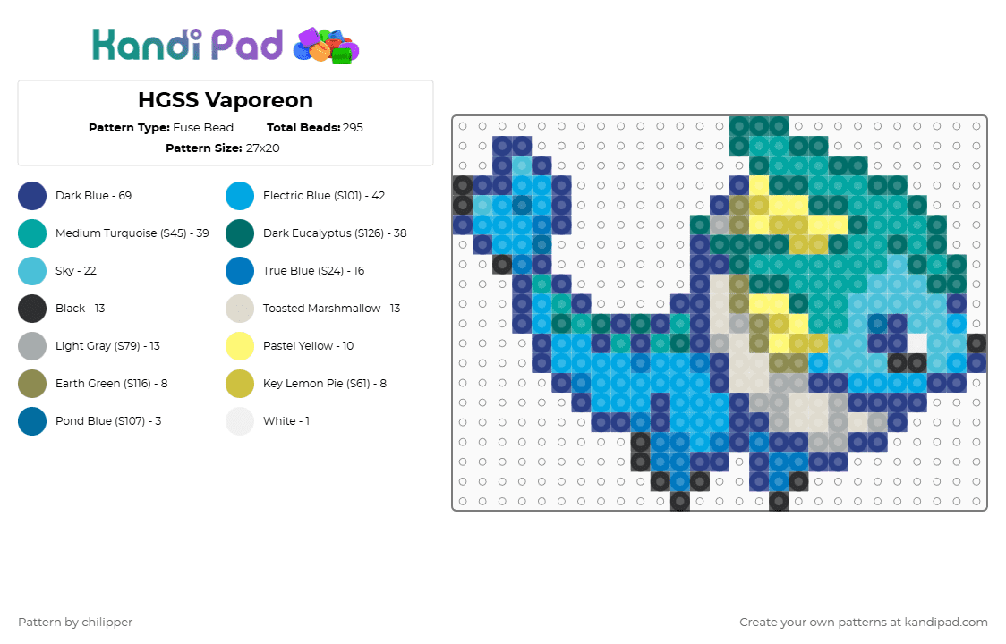 HGSS Vaporeon - Fuse Bead Pattern by chilipper on Kandi Pad - blue,teal,light blue,vaporeon,pokemon,pkmn,hgss,heartgold,soulsilver