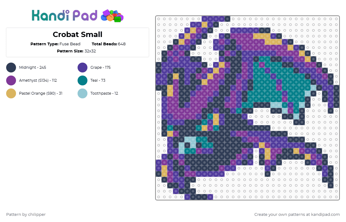 Crobat Small - Fuse Bead Pattern by chilipper on Kandi Pad - purple,crobat,pokemon,pkmn,small,tiny,chibi,mini