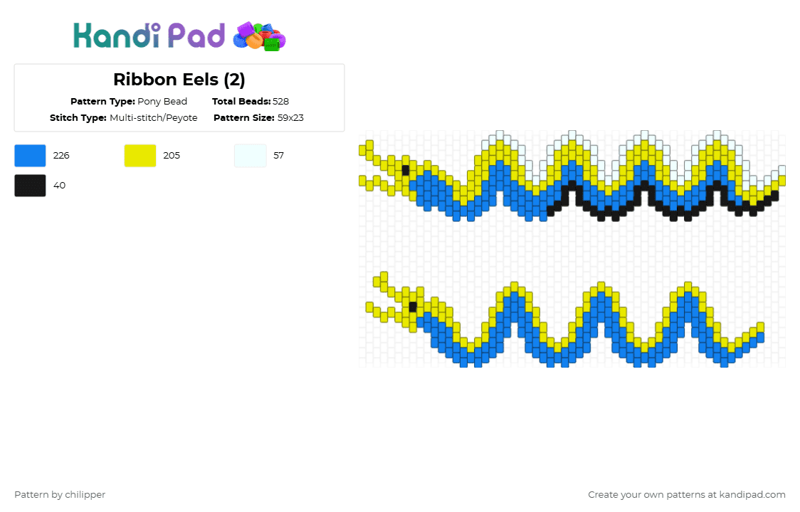 Ribbon Eels (2) - Pony Bead Pattern by chilipper on Kandi Pad - ribbon,eel,ribbon eel,blue,yellow,ocean