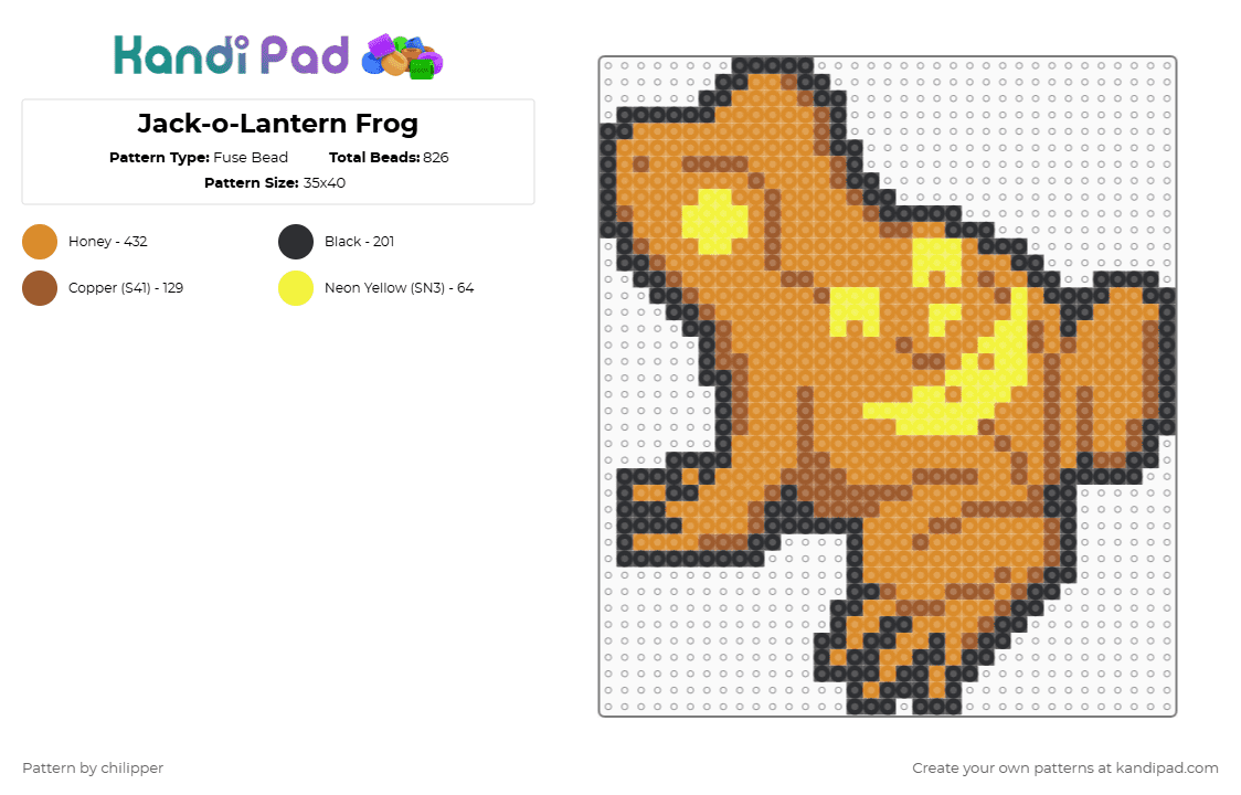Jack-o-Lantern Frog - Fuse Bead Pattern by chilipper on Kandi Pad - animal,amphibian,creature,halloween,holiday,spooky,orange,frog,jack o lantern,pumpkin,cute,mini