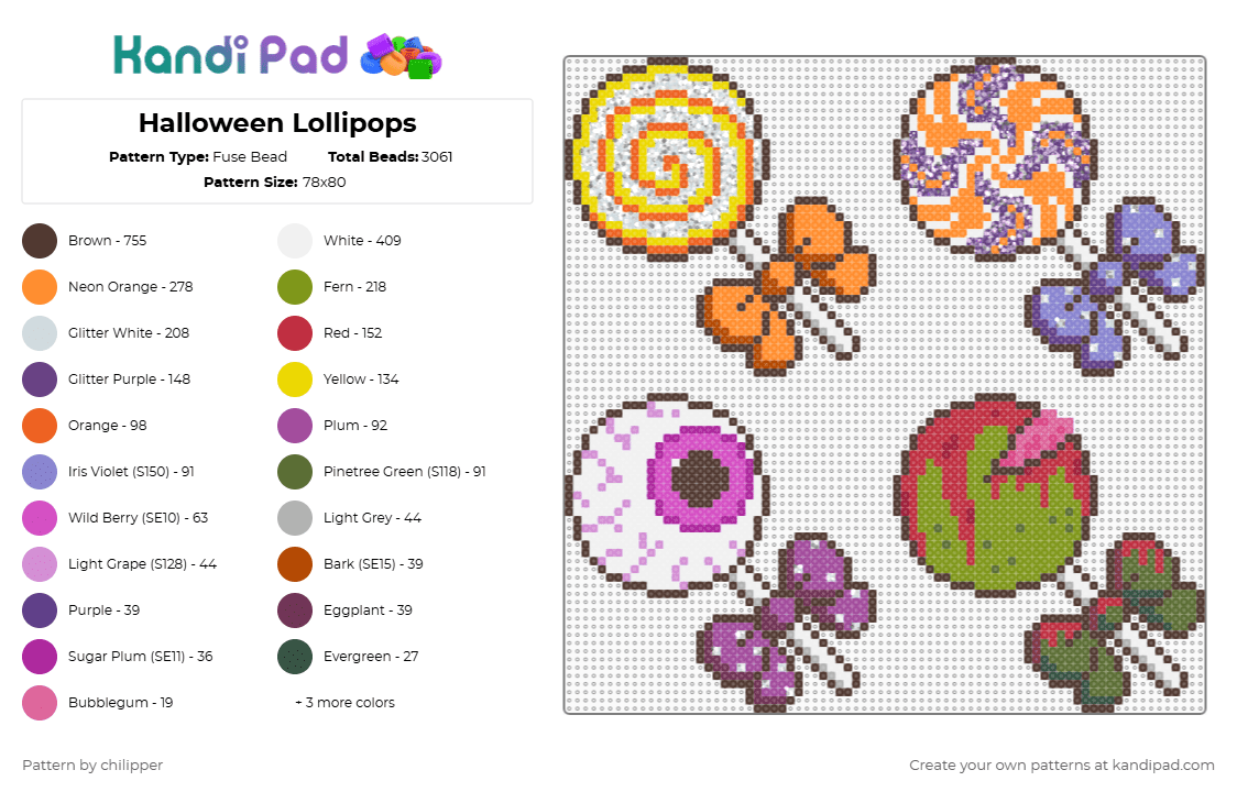 Halloween Lollipops - Fuse Bead Pattern by chilipper on Kandi Pad - candy,holiday,food,halloween,spooky,brown,orange,pink,gold,lollipop,lollipops,zombie,eye,sweet