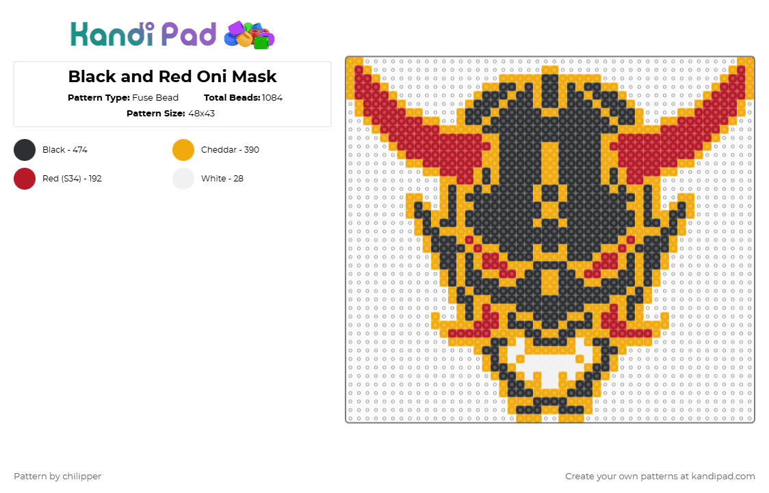 Black and Red Oni Mask - Fuse Bead Pattern by chilipper on Kandi Pad - anime,manga,creature,orange,red,japanese,oni,mask,oni mask,demon