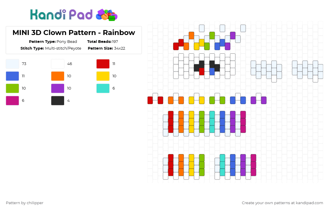 MINI 3D Clown Pattern - Rainbow - Pony Bead Pattern by chilipper on Kandi Pad - white,orange,green,purple,colorful,3d,mini,clown,rainbow