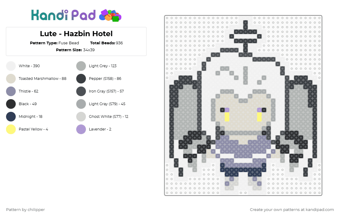 Lute - Hazbin Hotel - Fuse Bead Pattern by chilipper on Kandi Pad - white,purple,gray,beige,hazbin,hotel,chibi,lute