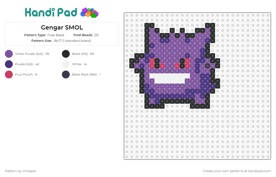 Gengar SMOL - Fuse Bead Pattern by chilipper on Kandi Pad - gengar,pokemon,ghost-type,video game,purple,smile,playful,miniature,character