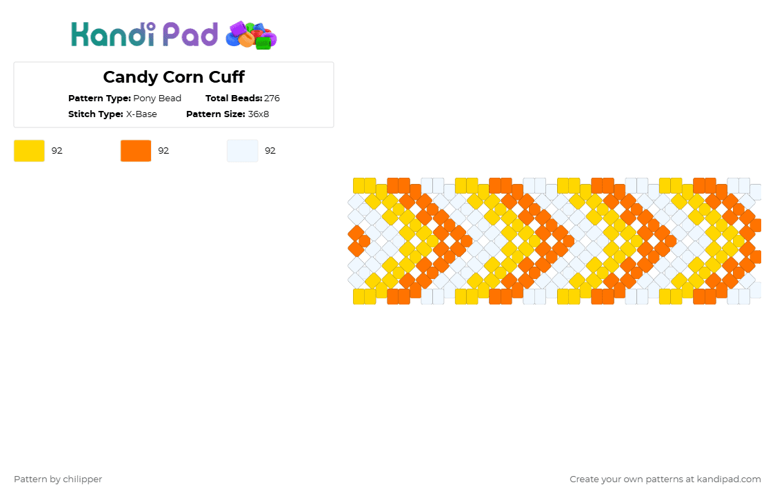 Candy Corn Cuff - Pony Bead Pattern by chilipper on Kandi Pad - yellow,orange,candy,candycorn,corn,halloween,white