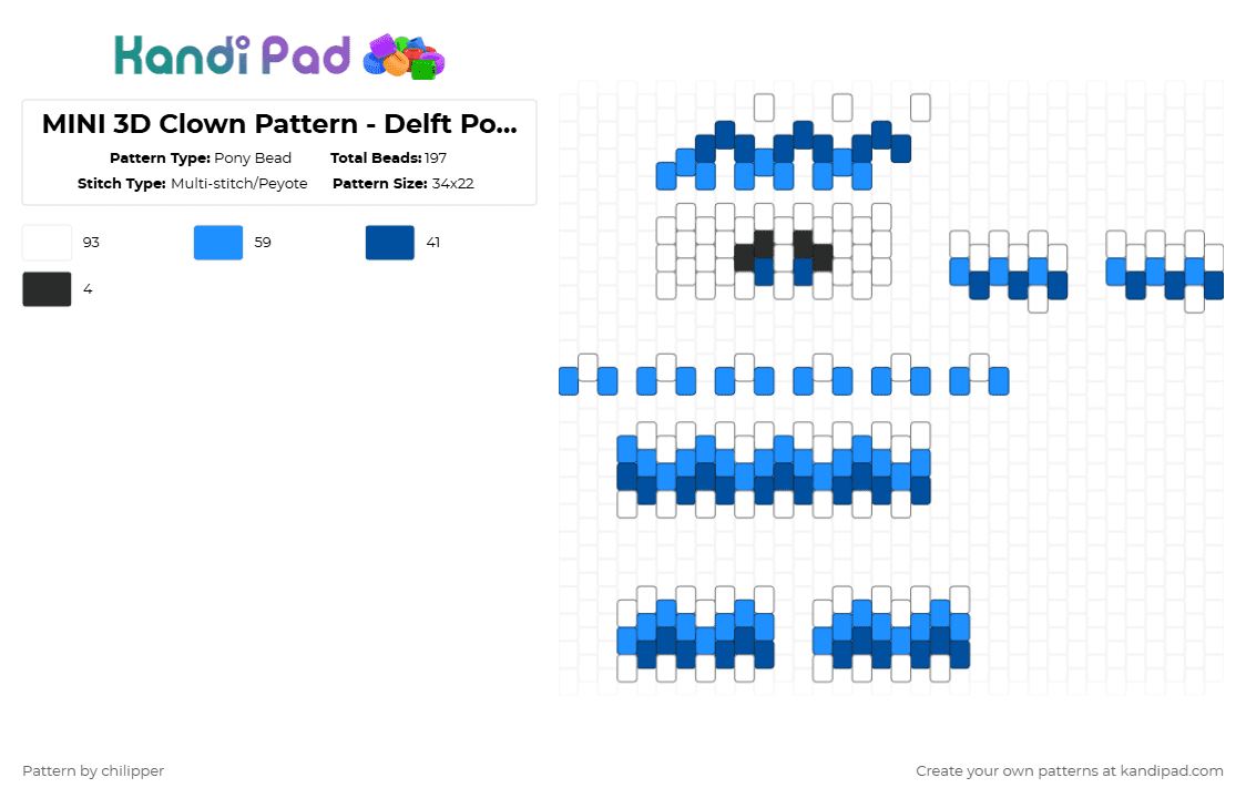 MINI 3D Clown Pattern - Delft Pottery Pattern 3 - Pony Bead Pattern by chilipper on Kandi Pad - 3d, blue, clown, delft, light blue, mini, pottery, white