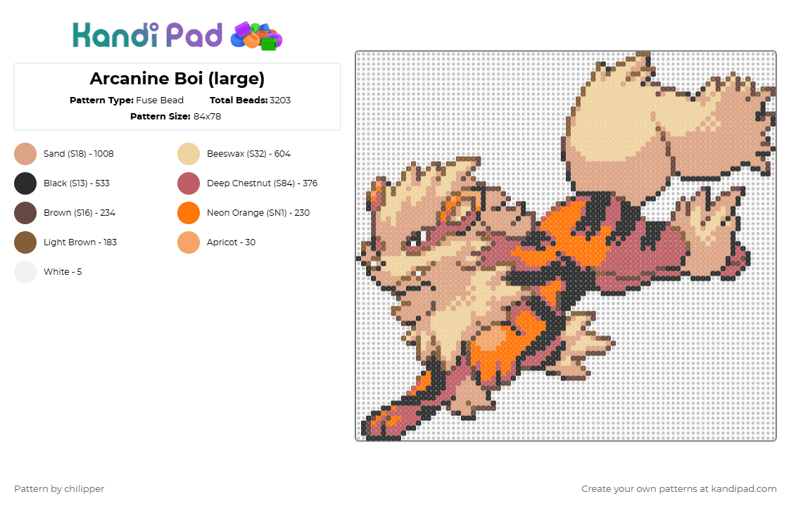 Arcanine Boi (large) - Fuse Bead Pattern by chilipper on Kandi Pad - beige,arcanine,pokemon,pkmn,large,fire