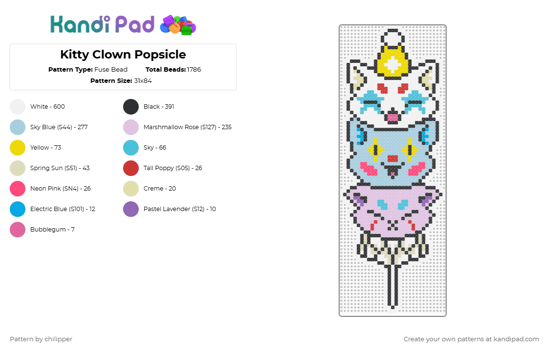 Kitty Clown Popsicle - Fuse Bead Pattern by chilipper on Kandi Pad - animal,food,white,light blue,pink,cat,kitty,clown,popsicle,cute