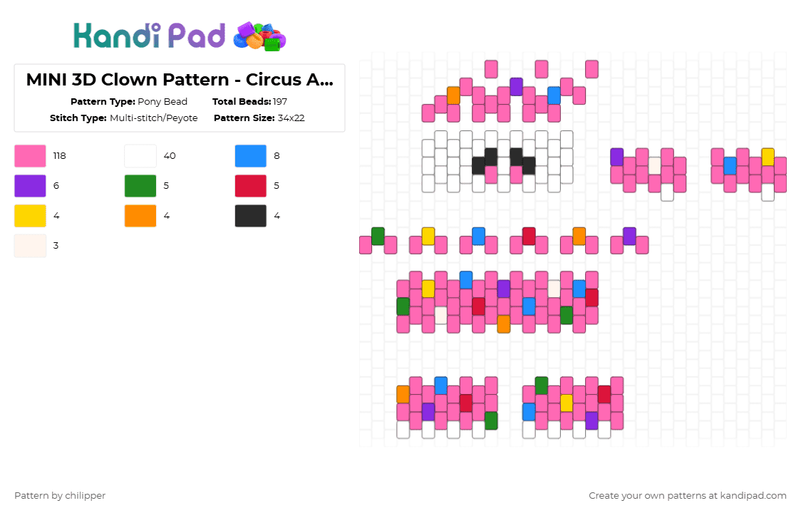 MINI 3D Clown Pattern - Circus Animal Cookie - Pony Bead Pattern by chilipper on Kandi Pad - pink,3d,mini,clown,circus,animal,cookie