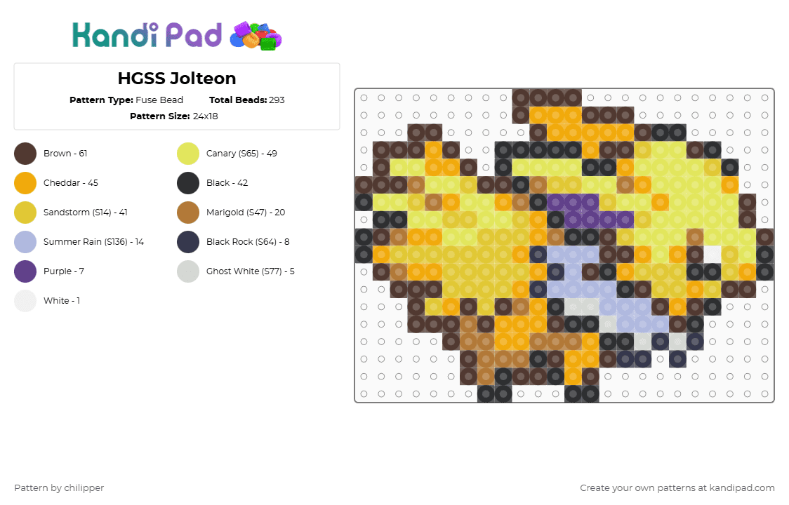 HGSS Jolteon - Fuse Bead Pattern by chilipper on Kandi Pad - brown,orange,yellow,jolteon,pokemon,pkmn,hgss,heartgold,soulsilver