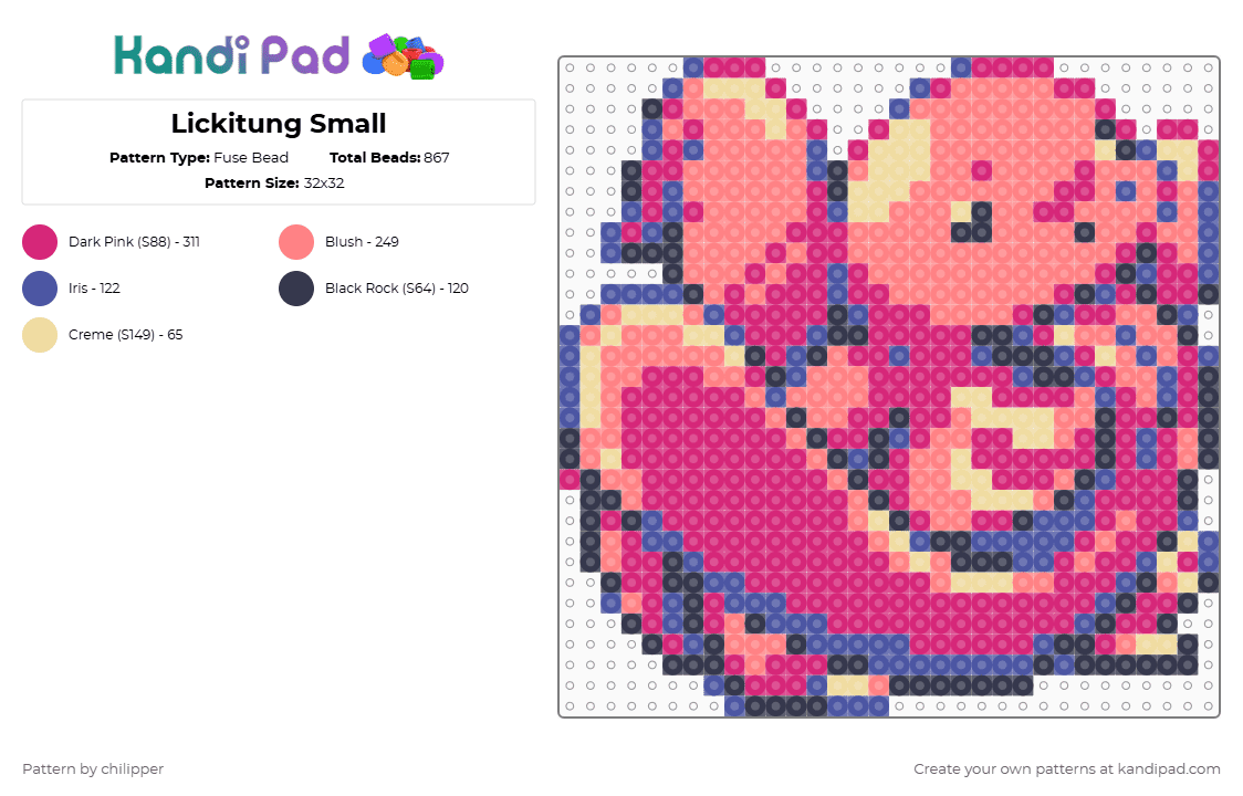 Lickitung Small - Fuse Bead Pattern by chilipper on Kandi Pad - pink,purple,red,lickitung,pokemon,pkmn,small,mini,chibi