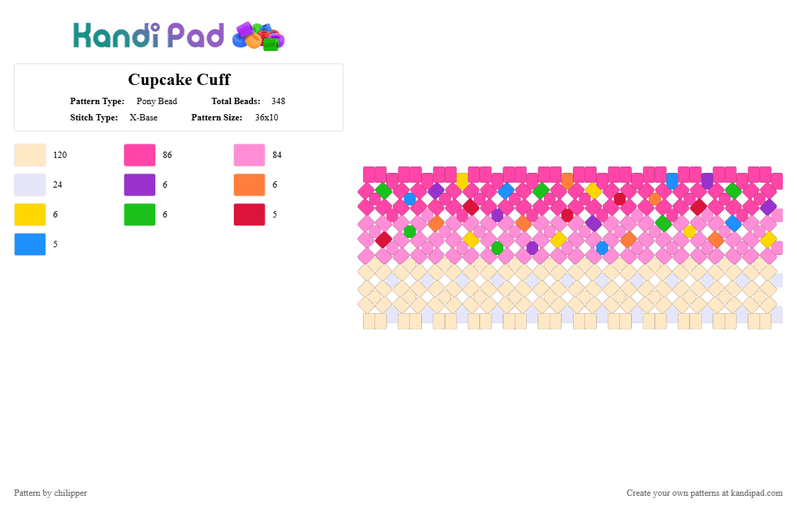 Cupcake Cuff - Pony Bead Pattern by chilipper on Kandi Pad - pink,beige,cupcake,cuff,x,cake