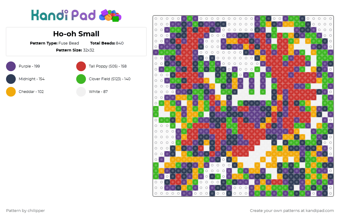 Ho-oh Small - Fuse Bead Pattern by chilipper on Kandi Pad - purple,hooh,ho oh,pokemon,pkmn,small,mini,chibi