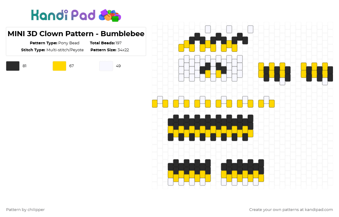 MINI 3D Clown Pattern - Bumblebee - Pony Bead Pattern by chilipper on Kandi Pad - yellow,white,3d,mini,clown,bee,bumble,bumblebee,black