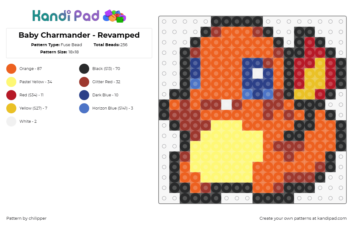 Baby Charmander - Revamped - Fuse Bead Pattern by chilipper on Kandi Pad - charmander,pokemon,cute,orange,yellow,fiery,warm,nostalgic,character,animated