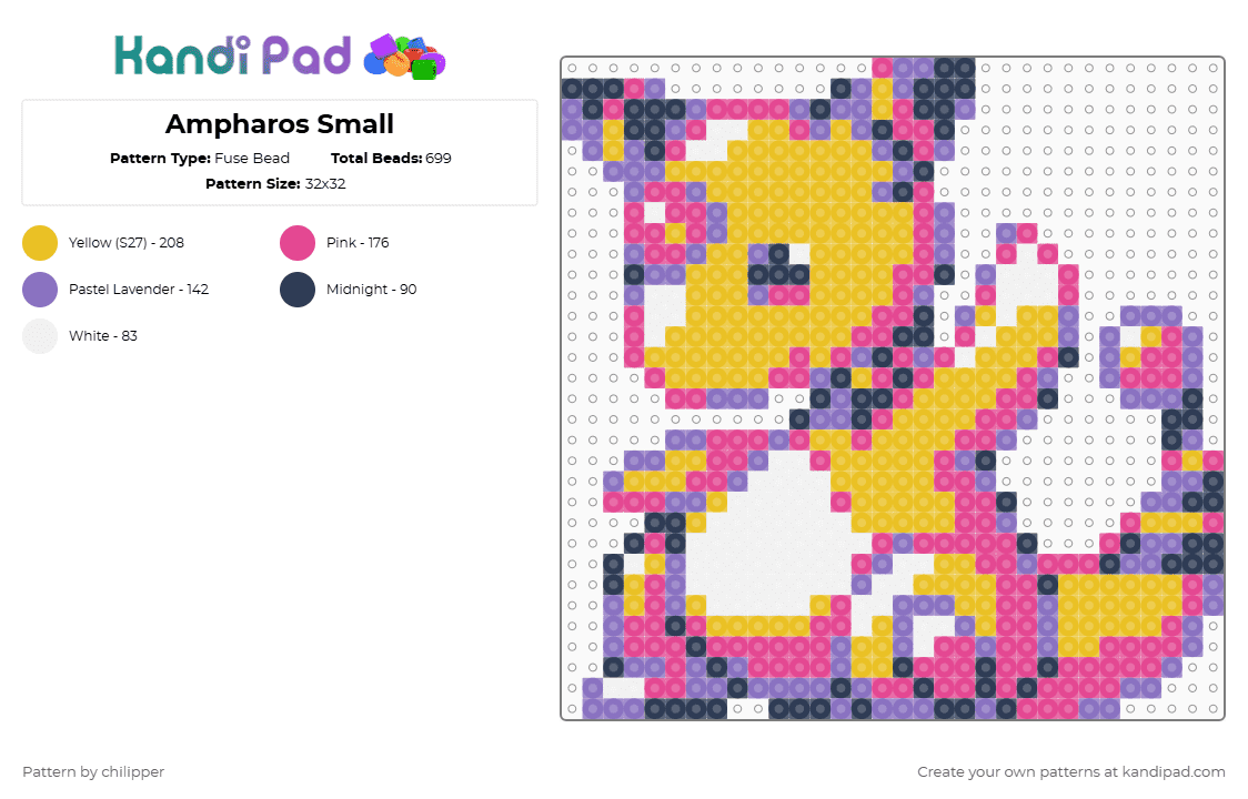 Ampharos Small - Fuse Bead Pattern by chilipper on Kandi Pad - pink,yellow,ampharos,pokemon,pkmn,small,mini,chibi