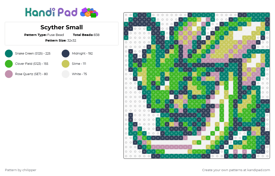 Scyther Small - Fuse Bead Pattern by chilipper on Kandi Pad - teal,purple,green,scyther,pokemon,pkmn,small,chibi,mini,bug