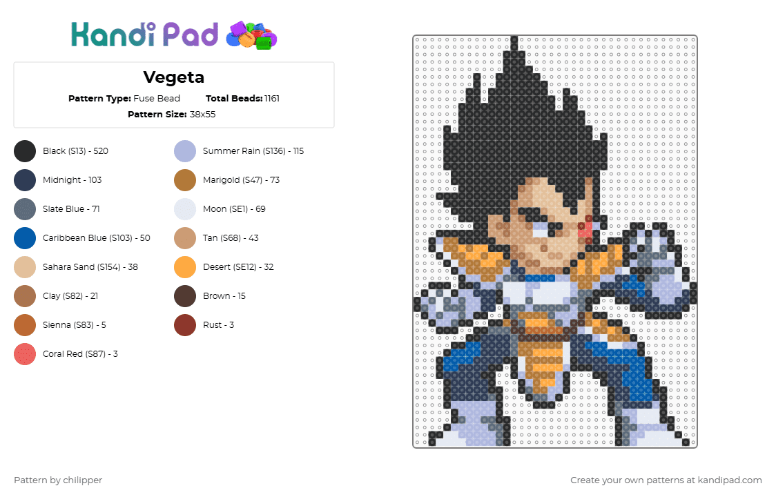 Vegeta - Fuse Bead Pattern by chilipper on Kandi Pad - vegeta,anime,manga,character,warrior,black,pink,purple,tan,beige,colorful,dragonball,dbz,dragonballz
