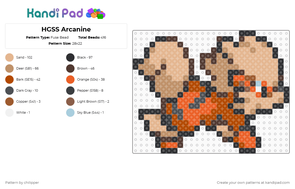 HGSS Arcanine - Fuse Bead Pattern by chilipper on Kandi Pad - brown,tan,beige,red,arcanine,pokemon,pkmn,hgss,heartgold,soulsilver