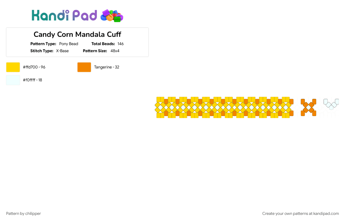 Candy Corn Mandala Cuff - Pony Bead Pattern by chilipper on Kandi Pad - candy, candy corn, cuff, halloween, mandala, mandala cuff, yellow