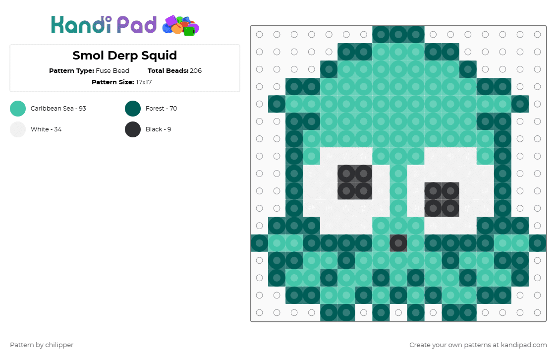 Smol Derp Squid - Fuse Bead Pattern by chilipper on Kandi Pad - gray,teal,squid,derp,cute,mini,tiny