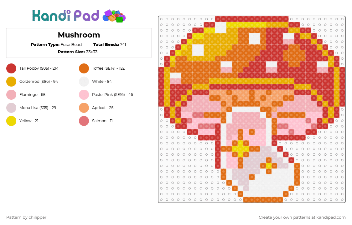 Mushroom - Fuse Bead Pattern by chilipper on Kandi Pad - fungi,plant,nature,red,orange,mushroom,sparkle