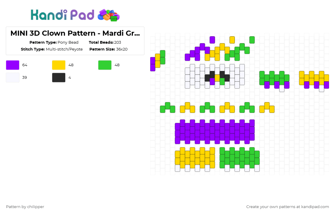 MINI 3D Clown Pattern - Mardi Gras 2 - Pony Bead Pattern by chilipper on Kandi Pad - purple,3d,mini,clown,mardi,gras,mardi gras,new orleans,pattern