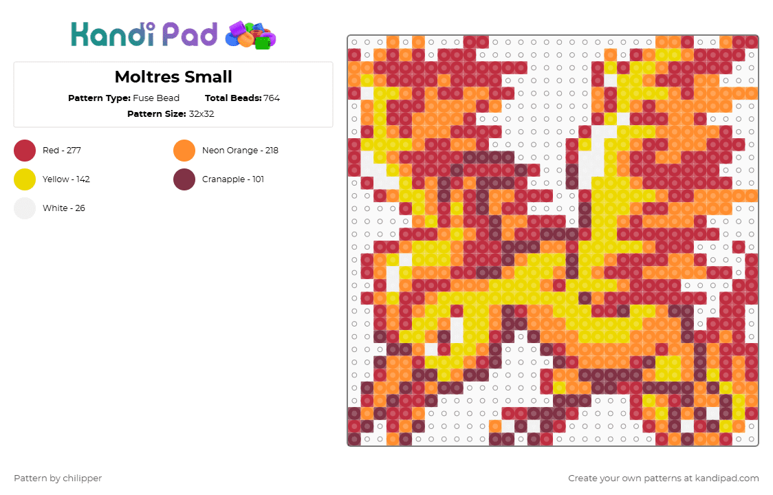 Moltres Small - Fuse Bead Pattern by chilipper on Kandi Pad - moltres,fiery,bird,video game,gaming,pokemon,orange,red,pkmn,small,chibi