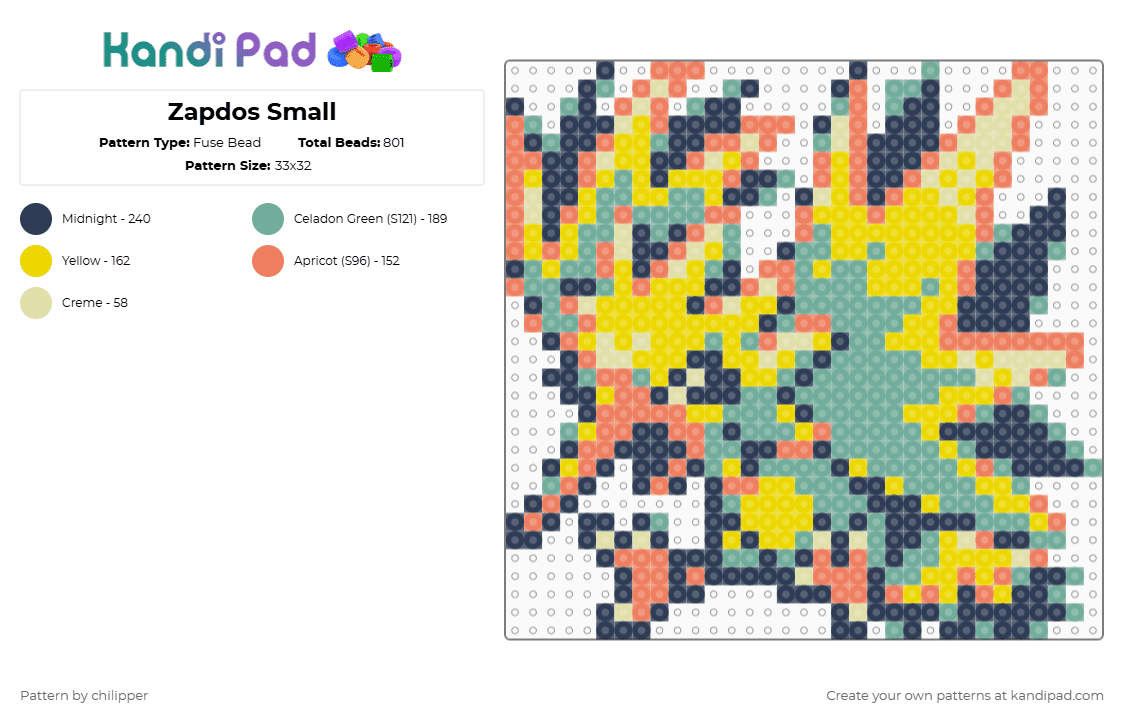 Zapdos Small - Fuse Bead Pattern by chilipper on Kandi Pad - purple,yellow,teal,zapdos,pokemon,pkmn,small,mini,chibi