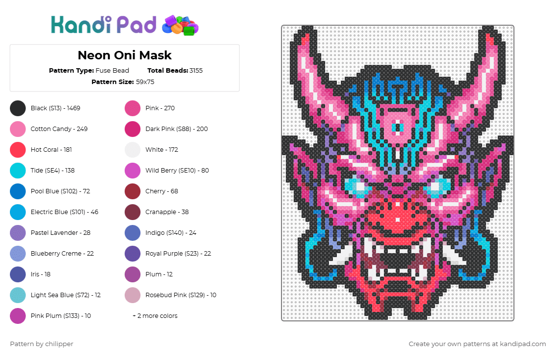Neon Oni Mask - Fuse Bead Pattern by chilipper on Kandi Pad - anime,manga,black,red,light blue,pink,oni mask,oni,mask,japan,japanese,demon,neon