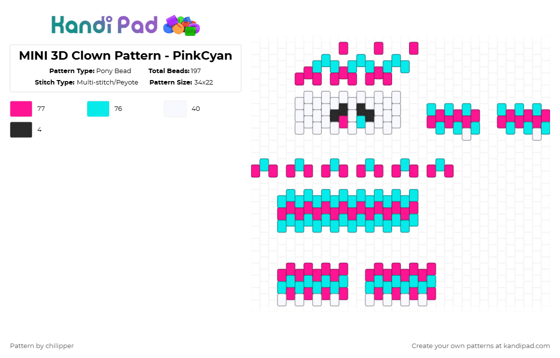 MINI 3D Clown Pattern - PinkCyan - Pony Bead Pattern by chilipper on Kandi Pad - light blue,pink,3d,mini,clown,cyan,blue